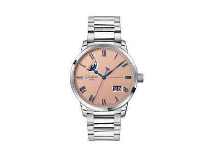 Herrenuhren Uhr mit Datum aus Edelstahl. Das Gehäuse ist rund und silber. Das Edelstahlarmband ist silber. Das Zifferblatt ist römisch und roségold.