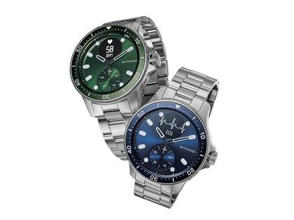 Withings ScanWatch Horizon Edelstahl 43mm grünes Zifferblatt Metallband – Herrenuhren Uhr Multifunktion aus Edelstahl. Das Gehäuse ist rund und silber. Das Edelstahlarmband ist silber. Das Zifferblatt ist analog digital und grün. – Ansicht 2