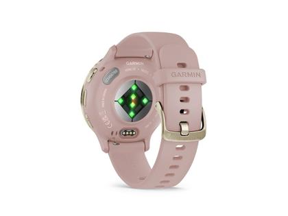 Garmin Venu 3S faserverstärktes Polymer Dust Rose 41mm altrosafarbenes Kautschukband – Herrenuhren Uhr Multifunktion aus Edelstahl, Kautschuk, Kunststoff und PVD beschichtet. Das Gehäuse ist rund und rosa. Das Kautschuk / Kunststoff / Silikon Armband ist rosa. Das Zifferblatt ist digital und schwarz. – Ansicht 5