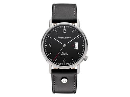 Bruno Söhnle Glashütte Rondo Herrenuhr   Automatik Edelstahl schwarzes Zifferblatt schwarzes Lederband – Herrenuhren Uhr mit Datum aus Edelstahl. Das Gehäuse ist rund und silber. Das Lederarmband ist schwarz. Das Zifferblatt ist arabisch Index und schwarz. – Ansicht 3