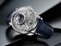 Glashütte Original Senator Chronometer Tourbillon Handaufzug Platin 42mm anthrazitfarbenes Zifferblatt blaues Lederband Limitierte Edition – Herrenuhren Uhr ohne Datum aus 950 Platin. Das Gehäuse ist rund und silber. Das Lederarmband Kroko / Alligator ist blau. Das Zifferblatt ist ein Index in grau. – Ansicht 2
