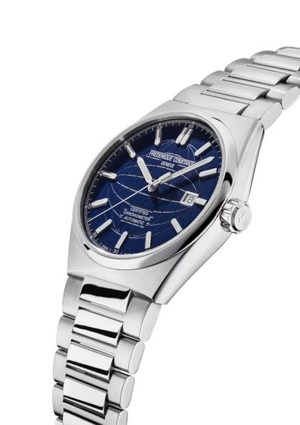 Frederique Constant Highlife Automatic Chronometer Edelstahl 41mm blaues Zifferblatt Metallband und Kautschukband – Herrenuhren Uhr mit Datum aus Edelstahl und Kautschuk. Das Gehäuse ist rund und silber. Das Edelstahlarmband ist silber. Das Zifferblatt ist ein Index in blau. – Ansicht 2