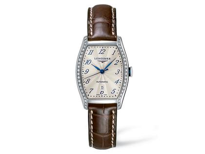 Longines Evidenza Damenuhr M beige arabisch guillochiert Diamanten – Damenuhren Uhr mit Datum aus Edelstahl und Leder. Das Armband ist ein Lederarmband. Der Zifferblatt ist arabisch.