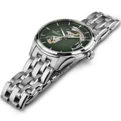 Hamilton Jazzmaster Open Heart Automatik Edelstahl 40mm grünes Zifferblatt Metallband – Herrenuhren Uhr ohne Datum aus Edelstahl. Das Gehäuse ist rund und silber. Das Edelstahlarmband ist silber. Das Zifferblatt ist ein Index in grün. – Ansicht 2