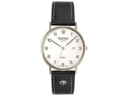 Bruno Söhnle Glashütte Rondo Herrenuhr silber arabisch Lederband – Herrenuhren Uhr mit Datum aus Edelstahl. Das Gehäuse ist rund und silber. Das Lederarmband ist schwarz. Das Zifferblatt ist arabisch und silber.
