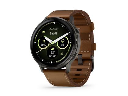 Garmin Venu 4 Quarz Edelstahl und Polymer Schiefergrau 45mm digitales Zifferblatt braunes Lederband – Herrenuhren Uhr Multifunktion aus Edelstahl, Faserverstärktes Polymer und PVD beschichtet. Das Gehäuse ist rund und anthrazit. Das Lederarmband ist braun. Das Zifferblatt ist digital und schwarz. – Ansicht 2