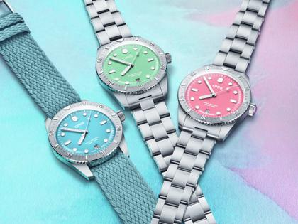 Oris Divers Sixty-Five Cotton Candy Automatik Edelstahl 38mm grünes Zifferblatt grünes Textilband – Damenuhren Uhr mit Datum aus Edelstahl. Das Gehäuse ist rund und silber. Das Textilarmband ist grün. Das Zifferblatt ist ein Index in grün. – Ansicht 2