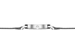 Nomos Glashütte Tangente 38 Datum "175 Years Watchmaking - Stop" Handaufzug Edelstahl cremeweißes Zifferblatt graues Textilband Glasboden – Herrenuhren Uhr mit Datum aus Edelstahl. Das Gehäuse ist rund und silber. Das Textilarmband ist grau. Das Zifferblatt ist arabisch Index und beige. – Ansicht 3