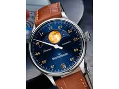 MeisterSinger Lunascope Automatik Edelstahl blaues Zifferblatt, braunes Lederband, goldner Mond – Herrenuhren Uhr mit Datum aus Edelstahl. Das Gehäuse ist rund und silber. Das Lederarmband ist braun. Das Zifferblatt ist arabisch und blau. – Ansicht 3