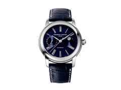 Frederique Constant Classics Moonphase Manufacture Automatik Edelstahl 42mm blaues Zifferblatt blaues Lederband – Herrenuhren Uhr mit Datum aus Edelstahl und Leder. Das Gehäuse ist rund und silber. Das Lederarmband ist blau. Das Zifferblatt ist römisch und blau.