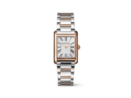 Maurice Lacroix Fiaba Square Quarz Edelstahl Roségold-PVD 24x34mm silbernes Zifferblatt zweifarbiges Metallband – Damenuhren Uhr ohne Datum aus Edelstahl und PVD beschichtet. Das Gehäuse ist rechteckig und roségold. Das Edelstahlarmband ist silber-roségold. Das Zifferblatt ist römisch und silber.