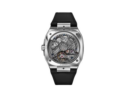 Glashütte Original Seventies Vintage Kollektion Vinyl Record Limited Edition Automatik Edelstahl 39x39mm schwarzes Zifferblatt Metallband und schwarzes Kautschukband – Herrenuhren Uhr mit Datum aus 750 Weißgold, Edelstahl und Kautschuk. Das Gehäuse ist quadratisch und silber. Das Edelstahlarmband ist silber. Das Zifferblatt ist ein Index in schwarz. – Ansicht 3