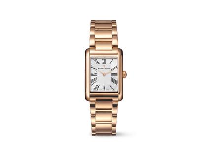 Maurice Lacroix Fiaba Square Quarz Edelstahl Roségold-PVD 24x34mm silbernes Zifferblatt Metallband – Damenuhren Uhr ohne Datum aus Edelstahl und PVD beschichtet. Das Gehäuse ist rechteckig und roségold. Das Edelstahlarmband ist roségold. Das Zifferblatt ist römisch und silber.
