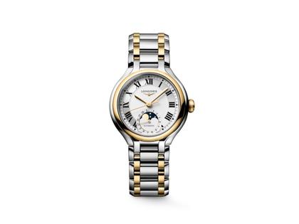 Longines PrimaLuna Mondphase Automatik Edelstahl 34mm weißes Zifferblatt zweifarbiges Metallband – Damenuhren Uhr mit Datum aus 750 Gelbgold und Edelstahl. Das Gehäuse ist rund und silber. Das Edelstahlarmband mit Gold ist silber-gelbgold. Das Zifferblatt ist römisch und weiß.