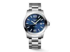Longines Conquest Quarz Edelstahl 41mm blaues Zifferblatt Metallband – Herrenuhren Uhr mit Datum aus Edelstahl. Das Gehäuse ist rund und silber. Das Edelstahlarmband ist silber. Das Zifferblatt ist arabisch Index und blau.