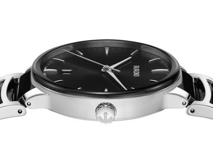 Rado Centrix Quarz Edelstahl 39,5mm schwarzes Zifferblatt Metallband – Herrenuhren Uhr mit Datum aus Edelstahl und Keramik. Das Gehäuse ist rund und silber. Das Keramikarmband ist schwarz. Das Zifferblatt ist ein Index in schwarz. – Ansicht 3
