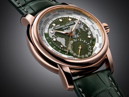 Frederique Constant Classic Worldtimer GMT Manufacture Automatik Roségold 42mm weißes Zifferblatt grünes Lederband limitiert – Herrenuhren Uhr mit Datum aus 750 Rotgold und Leder. Das Gehäuse ist rund und roségold. Das Lederarmband Kroko / Alligator ist grün. Das Zifferblatt ist ein Index in grün. – Ansicht 2