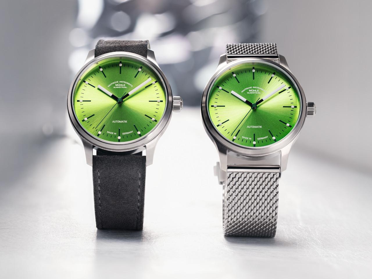 Mühle Glashütte Panova Limettengrün Automatik Edelstahl 40mm Metallband – Herrenuhren Uhr ohne Datum aus Edelstahl. Das Gehäuse ist rund und silber. Das Edelstahlarmband ist silber. Das Zifferblatt ist ein Index in grün. – Ansicht 3