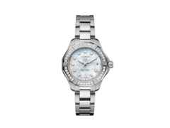 TAG Heuer Aquaracer Professional 200 Solargraph Quarz Edelstahl 34mm weißes Perlmutt-Zifferblatt mit Brillanten Metallband – Damenuhren Uhr mit Datum aus Edelstahl. Das Gehäuse ist rund und silber. Das Edelstahlarmband ist silber. Das Zifferblatt ist ein Index in weiß.