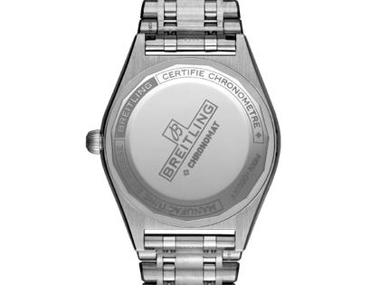 Breitling Chronomat Automatic 36 Edelstahl weißes Zifferblatt mit Brillanten Metallband – Damenuhren Uhr mit Datum aus Edelstahl. Das Gehäuse ist rund und silber. Das Edelstahlarmband ist silber. Das Zifferblatt ist ein Index in weiß. – Ansicht 3