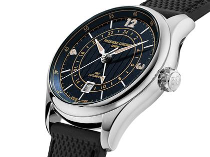 Frederique Constant Classics Runabout GMT Automatik Edelstahl 42mm blaues Zifferblatt schwarzes Kautschukband limitiert – Herrenuhren Uhr mit Datum aus Edelstahl und Kautschuk. Das Gehäuse ist rund und silber. Das Kautschuk / Kunststoff / Silikon Armband ist schwarz. Das Zifferblatt ist arabisch Index und blau. – Ansicht 2