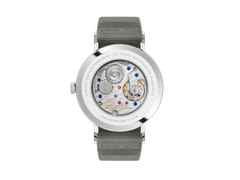 Nomos Glashütte Tangente 38 Datum "175 Years Watchmaking - Nachtgesang" Handaufzug Edelstahl blaues Zifferblatt graues Textilband Glasboden – Herrenuhren Uhr mit Datum aus Edelstahl. Das Gehäuse ist rund und silber. Das Textilarmband ist grau. Das Zifferblatt ist arabisch Index und blau. – Ansicht 2