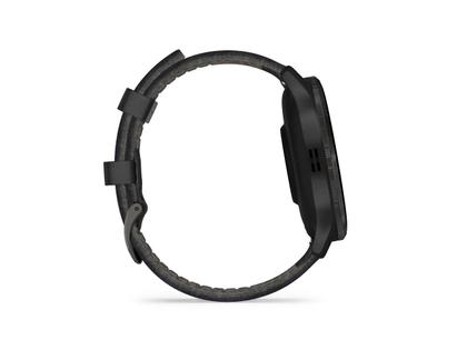 Garmin Venu 3 faserverstärktes Polymer Schiefergrau 45mm schwarzes Lederband – Herrenuhren Uhr Multifunktion aus Edelstahl, Kautschuk, Kunststoff und PVD beschichtet. Das Gehäuse ist rund und anthrazit. Das Lederarmband ist schwarz. Das Zifferblatt ist digital und schwarz. – Ansicht 5