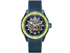 Rado Captain Cook High-Tech Ceramic Skeleton Limited Edition Gelb Automatik Keramik 43mm skelettiertes Zifferblatt blaues Kautschukband – Herrenuhren Uhr ohne Datum aus Edelstahl, Kautschuk, Keramik, PVD beschichtet und Titan. Das Gehäuse ist rund und blau. Das Kautschuk / Kunststoff / Silikon Armband ist blau. Das Zifferblatt ist ein Index in grau.