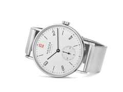 Nomos Glashütte Tangente 35 neomatik Ärzte ohne Grenzen Automatik Edelstahl 35mm weißes Zifferblatt Metallband – Damenuhren Uhr ohne Datum aus Edelstahl. Das Gehäuse ist rund und silber. Das Edelstahlarmband ist schwarz. Das Zifferblatt ist arabisch Index und silber. – Ansicht 4