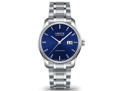 Union Glashütte Belisar Datum Sonderedition 125 Jahre Juwelier Roller Automatik Edelstahl 41mm blaues Zifferblatt Metallband – Herrenuhren Uhr mit Datum aus Edelstahl. Das Armband ist ein Edelstahlarmband. Der Zifferblatt ist ein Index.