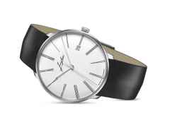 Junghans Meister fein Automatic Edition Erhard Weißgold 39,5mm weißes Zifferblatt schwarzes Lederband – Herrenuhren Uhr mit Datum aus 750 Weißgold. Das Gehäuse ist rund und silber. Das Lederarmband ist schwarz. Das Zifferblatt ist römisch und weiß. – Ansicht 3