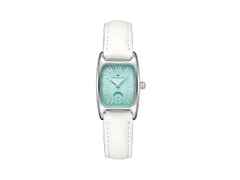 Hamilton American Classic Boulton Small Second M Quarz Edelstahl türkises Zifferblatt weißes Lederband – Herrenuhren Uhr ohne Datum aus Edelstahl und Leder. Das Gehäuse ist rechteckig und silber. Das Lederarmband ist weiß. Das Zifferblatt ist römisch und türkis.