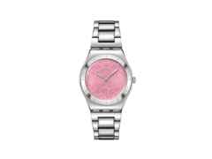 Swatch Irony Lady Blossom Time Petal Charm Quarz Edelstahl 33mm rosa Zifferblatt Metallband – Damenuhren Uhr ohne Datum aus Edelstahl. Das Gehäuse ist rund und silber. Das Edelstahlarmband ist silber. Das Zifferblatt ist ohne Zeichen und rosa.