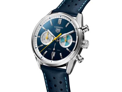 TAG Heuer Carrera Chronograph Limited Edition Automatik Edelstahl 42mm blaues Zifferblatt blaues Lederband – Herrenuhren Chronograph aus Edelstahl und Leder. Das Gehäuse ist rund und silber. Das Lederarmband ist blau. Das Zifferblatt ist ein Index in blau. – Ansicht 2