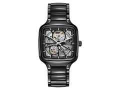 Rado True Square Automatik Keramik anthrazit Open Heart Keramikband – Herrenuhren Uhr ohne Datum aus Keramik. Das Gehäuse ist quadratisch und grau. Das Keramikarmband ist grau. Das Zifferblatt ist skelettiert und schwarz.