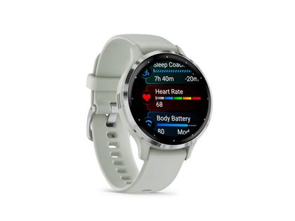 Garmin Venu 3S faserverstärktes Polymer salbeigrau 41mm salbeigraues Kautschukband – Herrenuhren Uhr Multifunktion aus Edelstahl, Kautschuk und Kunststoff. Das Gehäuse ist rund und grün. Das Kautschuk / Kunststoff / Silikon Armband ist grün. Das Zifferblatt ist digital und schwarz. – Ansicht 7