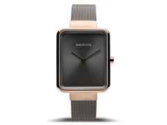 Bering 14528 Edelstahl Damenuhr rosegold eckig graues Zifferblatt Edelstahlband – Damenuhren Uhr ohne Datum aus Edelstahl und PVD beschichtet. Das Gehäuse ist rechteckig und roségold. Das Edelstahlarmband ist grau. Das Zifferblatt ist ohne Zeichen und grau.