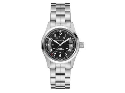 Hamilton Khaki Field Auto Edelstahl 38mm schwarzes Zifferblatt Metallband – Herrenuhren Uhr mit Datum aus Edelstahl. Das Gehäuse ist rund und silber. Das Edelstahlarmband ist silber. Das Zifferblatt ist arabisch Index und schwarz.