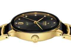 Rado Centrix Diamonds Automatik Edelstahl Gelbgold-PVD 35mm schwarzes Zifferblatt mit Brillanten Metallband – Damenuhren Uhr mit Datum aus Edelstahl, Keramik und PVD beschichtet. Das Gehäuse ist rund und gelbgold. Das Keramikarmband ist schwarz. Das Zifferblatt ist ein Index in schwarz. – Ansicht 3