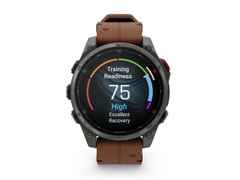 Garmin fenix 8 Pro 47mm AMOLED faserverstärktes Polymer und Titan DLC-Carbongrau digitales Zifferblatt braunes Lederband – Herrenuhren Uhr Multifunktion aus DLC beschichtet, Kunststoff und Titan. Das Gehäuse ist rund und grau. Das Lederarmband ist braun. Das Zifferblatt ist digital und schwarz.