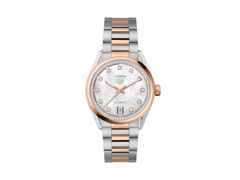 TAG Heuer Carrera Date Automatik Edelstahl 36mm weißes Perlmutt-Zifferblatt mit Brillanten zweifarbiges Metallband – Damenuhren Uhr mit Datum aus 750 Rotgold und Edelstahl. Das Gehäuse ist rund und silber-roségold. Das Edelstahlarmband mit Gold ist silber-roségold. Das Zifferblatt ist ein Index in weiß.