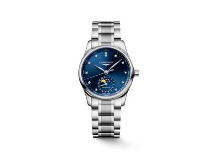 Longines Master Collection Automatik Edelstahl 34mm blaues Zifferblatt mit Diamanten Metallband – Damenuhren Uhr mit Datum aus Edelstahl. Das Gehäuse ist rund und silber. Das Edelstahlarmband ist silber. Das Zifferblatt ist ein Index in blau.