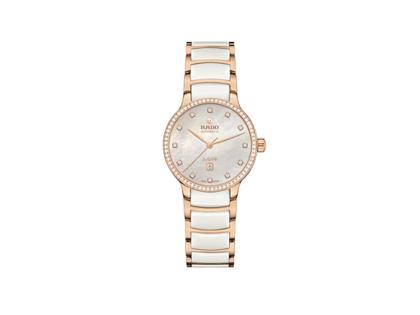 Damenuhren Uhr mit Datum aus Edelstahl, Keramik und PVD beschichtet. Das Gehäuse ist rund und roségold. Das Keramikarmband ist weiß. Das Zifferblatt ist ein Index in weiß.