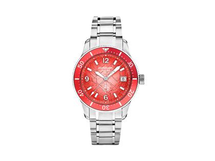 Montblanc 1858 Iced Sea Date 0 Oxygen Limited Edition Automatik Edelstahl 38mm rotes Zifferblatt Metallband – Herrenuhren Uhr mit Datum aus Edelstahl und eloxiertes Aluminium. Das Gehäuse ist rund und silber. Das Edelstahlarmband ist silber. Das Zifferblatt ist arabisch Index und rot.