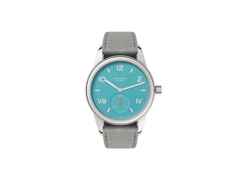 Nomos Glashütte Club Campus Endless Blue Handaufzug Edelstahl 36mm blaues Zifferblatt graues Lederband Glasboden – Damenuhren Uhr ohne Datum aus Edelstahl und Leder. Das Gehäuse ist rund und silber. Das Lederarmband ist grau. Das Zifferblatt ist arabisch römisch und blau.