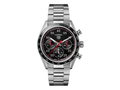 TAG Heuer Carrera Chronograph Sport Automatik Edelstahl 42mm schwarzes Zifferblatt Metallband – Herrenuhren Chronograph aus Edelstahl und Keramik. Das Gehäuse ist rund und silber. Das Edelstahlarmband ist silber. Das Zifferblatt ist arabisch Index und schwarz.