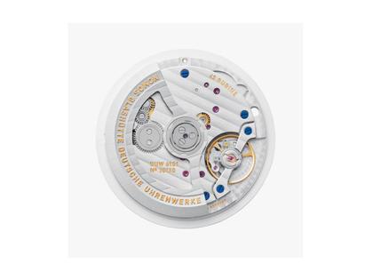 Nomos Glashütte Ahoi neomatik 38 Datum Atlantik Automatik Edelstahl dunkelblaues Zifferblatt dunkelblaues Textilband Glasboden – Herrenuhren Uhr mit Datum aus Edelstahl. Das Gehäuse ist rund und silber. Das Textilarmband ist blau. Das Zifferblatt ist arabisch Index und blau. – Ansicht 5