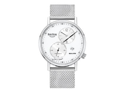 Bruno Söhnle Glashütte Rondo Herrenuhr   Automatik Regulator Edelstahl weiß Metallband Milanaise – Herrenuhren Uhr mit Datum aus Edelstahl. Das Gehäuse ist rund und silber. Das Edelstahlarmband ist silber. Das Zifferblatt ist arabisch Index und weiß.