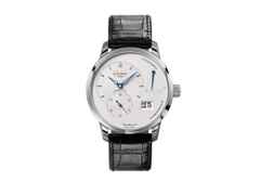 Glashütte Original PanoReserve Handaufzug Edelstahl 40mm silbernes Zifferblatt schwarzes Lederband – Herrenuhren Uhr mit Datum aus Edelstahl. Das Gehäuse ist rund und silber. Das Lederarmband Kroko / Alligator ist schwarz. Das Zifferblatt ist ein Index in silber.