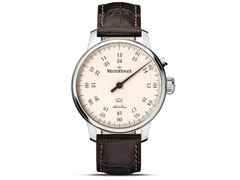 MeisterSinger Bell Hora Edelstahl beiges Zifferblatt braunes Lederband – Herrenuhren Uhr ohne Datum aus Edelstahl. Das Gehäuse ist rund und silber. Das Lederarmband ist braun. Das Zifferblatt ist arabisch und beige.